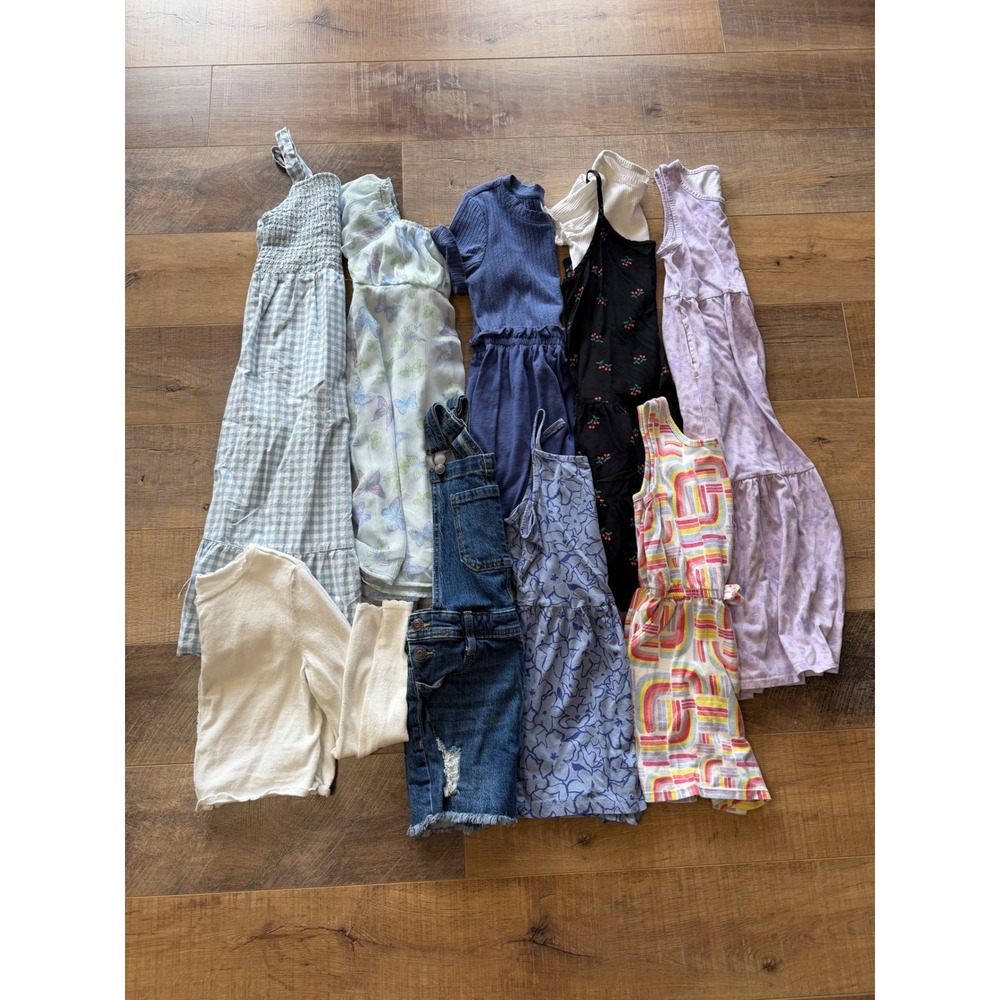 Girls Size 8 Lot 9pc Cat & Jack Dresses Rompers Denim Overalls Gingham
